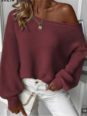 SHEIN Off-Shoulder Ribbed Sweater in Wine